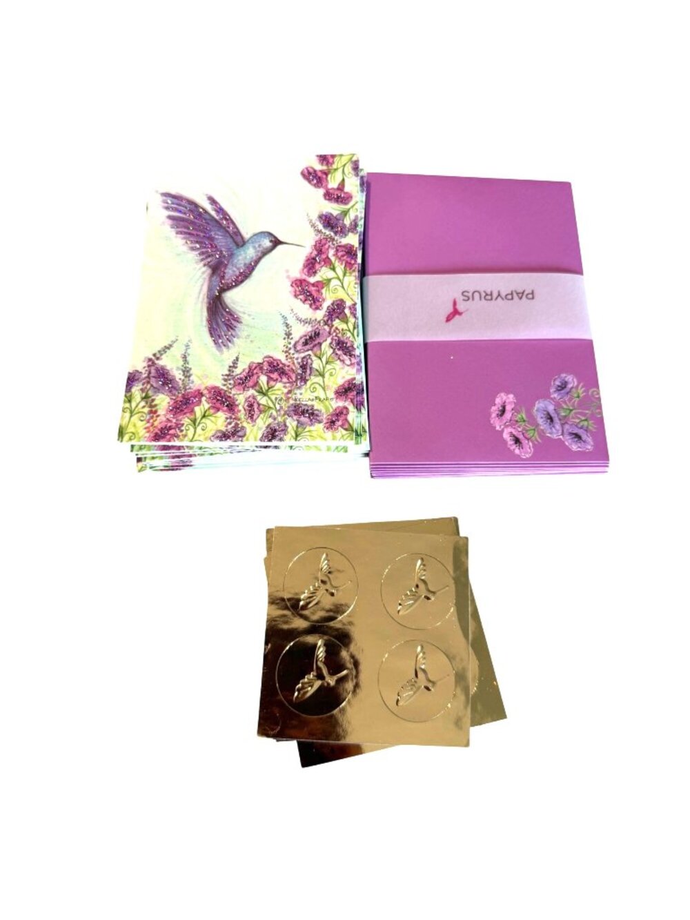 Papyrus 12 Hummingbird Notecards Envelopes Gold Seals Floral Glitter Purple